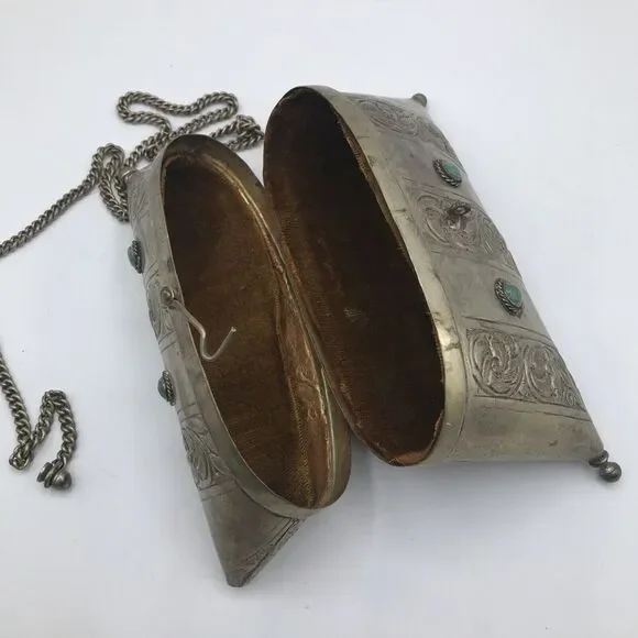 Silverplate Metal Purse‎ Pillow Clutch with cabouchons. 32 Chain